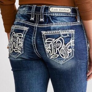 Rock Revival Kelcie low rise boot jeans in distressed dark wash sz 24